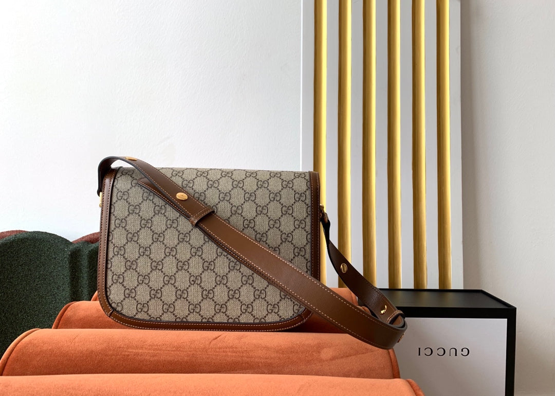 GG 1955 HORSEBIT BAG 25CM BROWN LEATHER BEIGE CANVAS GOLD HARDWARE