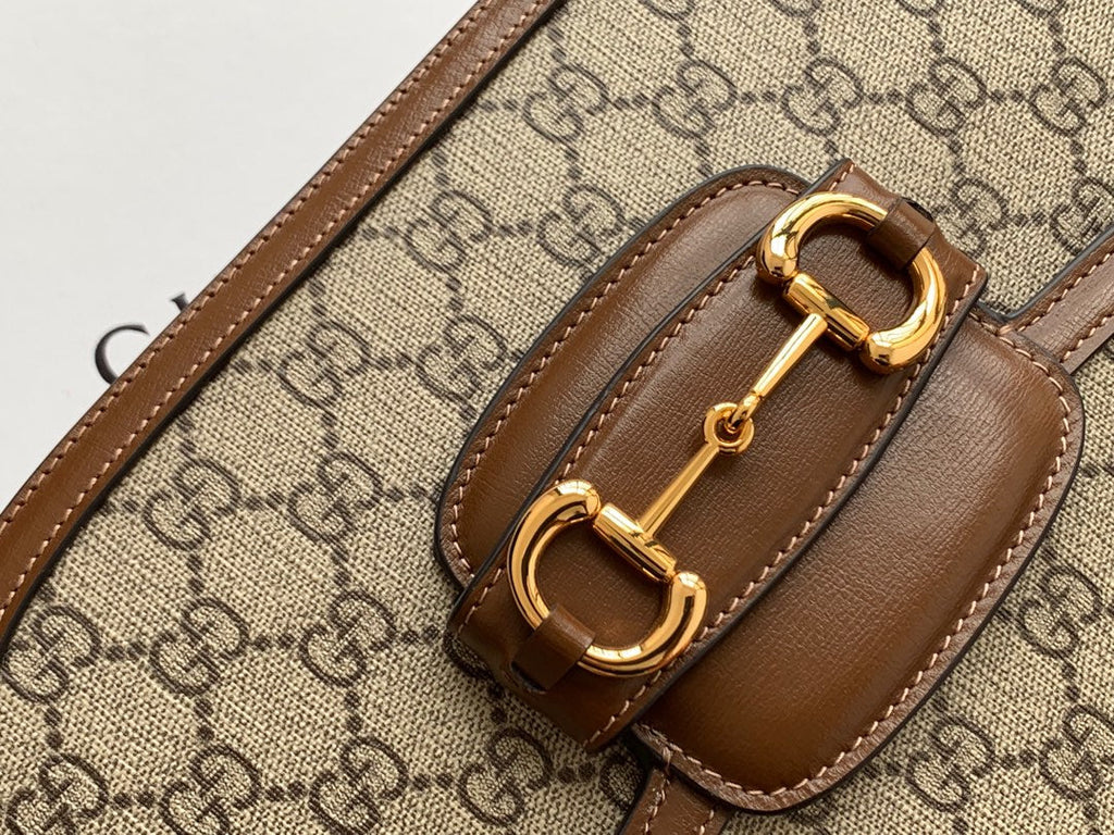 GG 1955 HORSEBIT BAG 25CM BROWN LEATHER BEIGE CANVAS GOLD HARDWARE