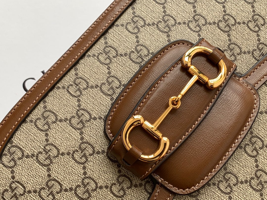 GG 1955 HORSEBIT BAG 25CM BROWN LEATHER BEIGE CANVAS GOLD HARDWARE