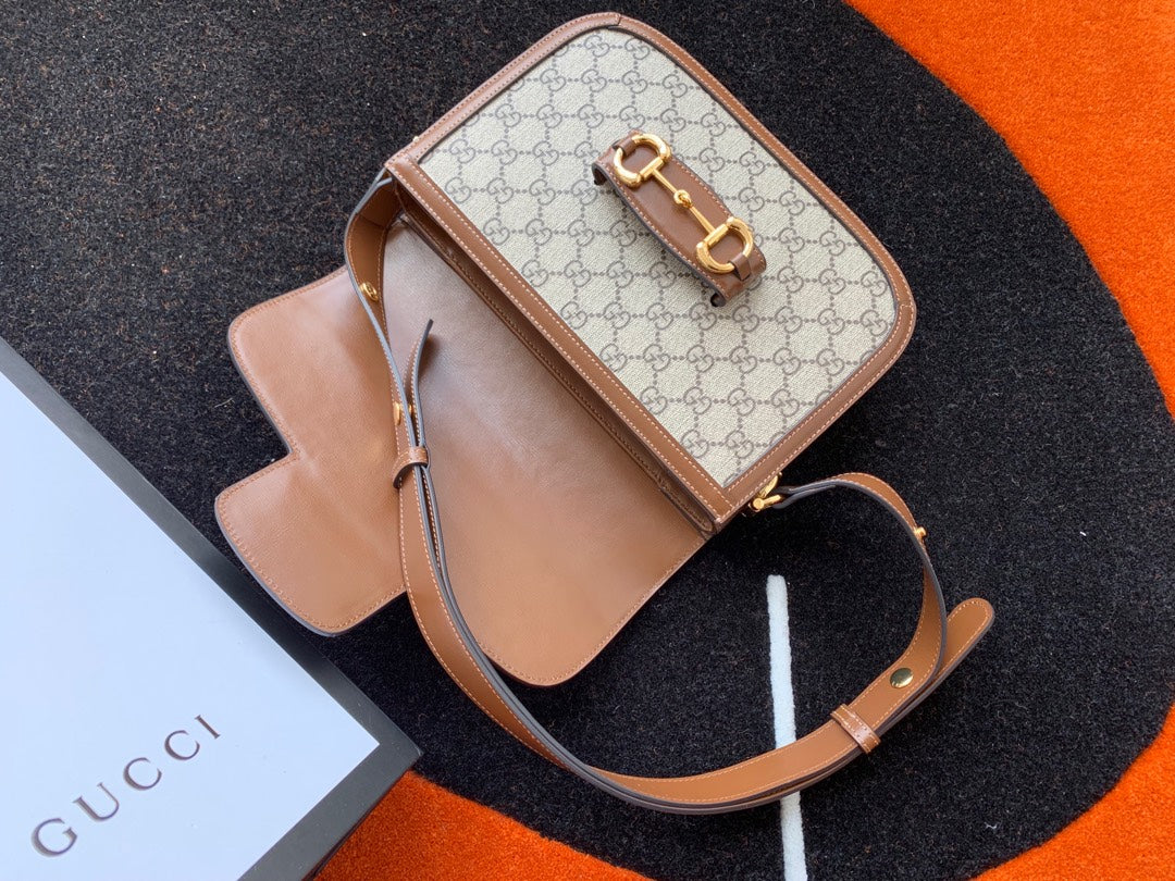 GG 1955 HORSEBIT BAG 25CM BROWN LEATHER BEIGE CANVAS GOLD HARDWARE