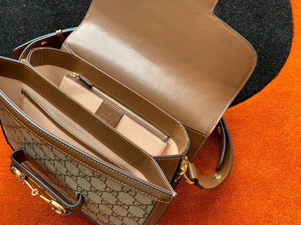 GG 1955 HORSEBIT BAG 25CM BROWN LEATHER BEIGE CANVAS GOLD HARDWARE