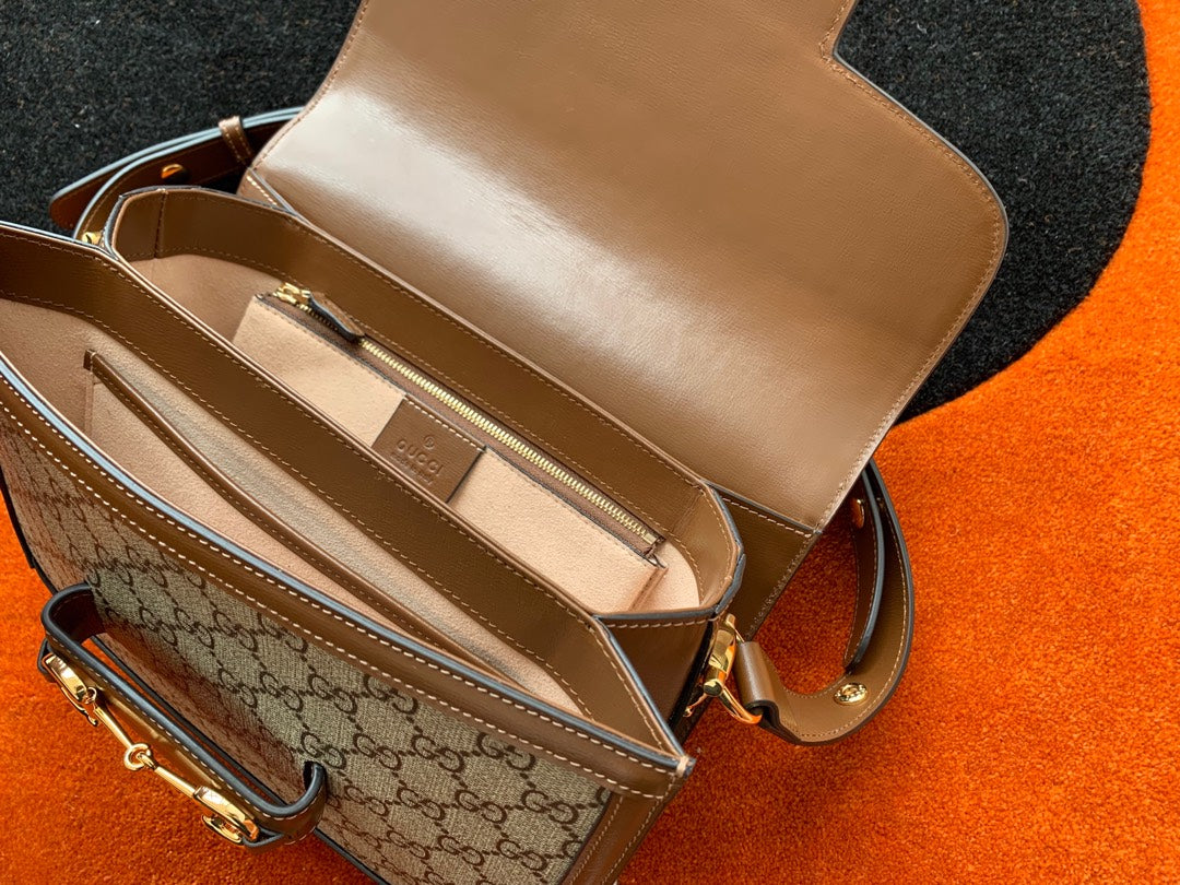 GG 1955 HORSEBIT BAG 25CM BROWN LEATHER BEIGE CANVAS GOLD HARDWARE